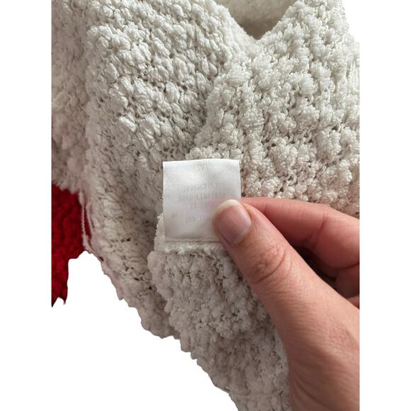 Main Strip scoop neck cream white red heart teddy sweater distressed hem Small - Picture 4 of 4